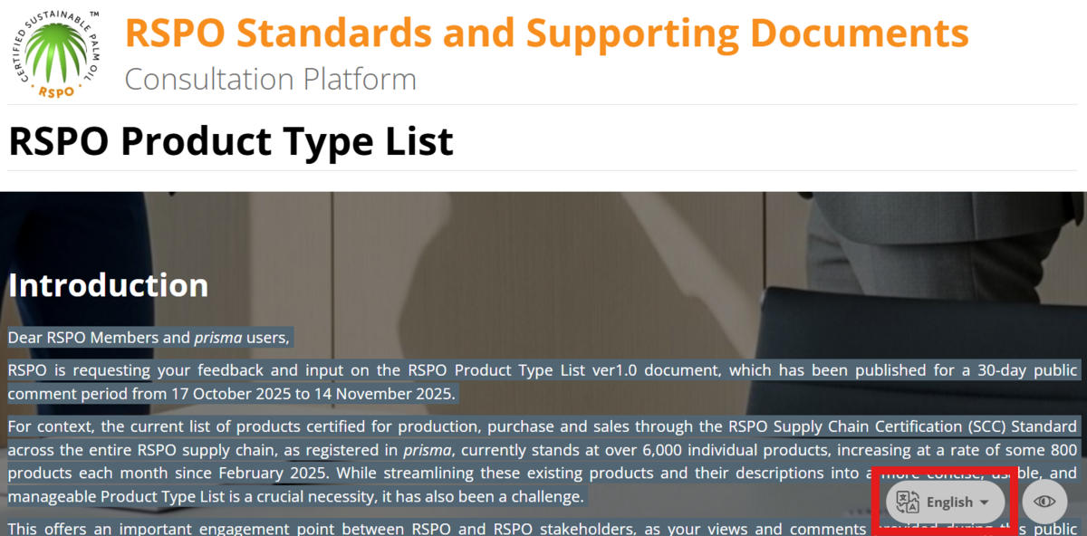 Product Type List translation